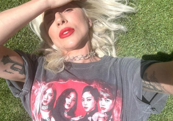 Lady Gaga seen wearing a BLACKPINK T-shirt while celebrating her