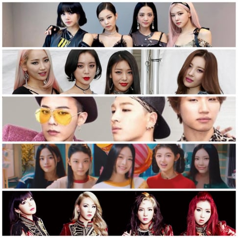 Apink, aespa, Big Bang, BLACKPINK, Zico, BB GIRLS (Brave Girls), Brown Eyed Girls, BTS, GFriend (Girlfriend), (G)I-DLE, Girls