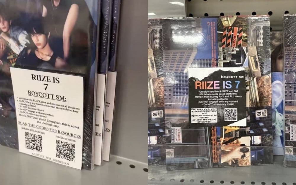 Seunghan fans are putting 'RIIZE is 7' boycott stickers on RIIZE merchandise at stores